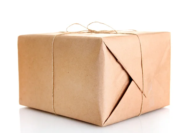 Parcel box with kraft paper, isolated on white — Stock Photo, Image