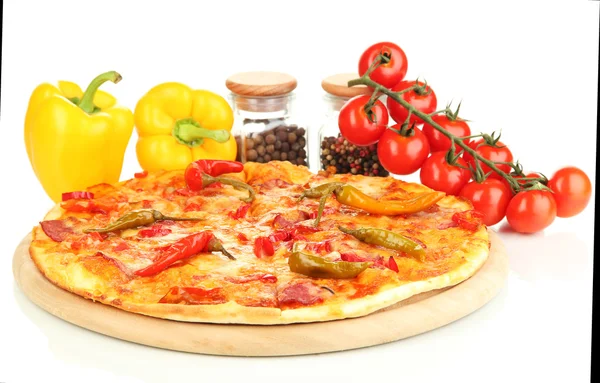 Tasty pepperoni pizza with vegetables on wooden board isolated on white Stock Image