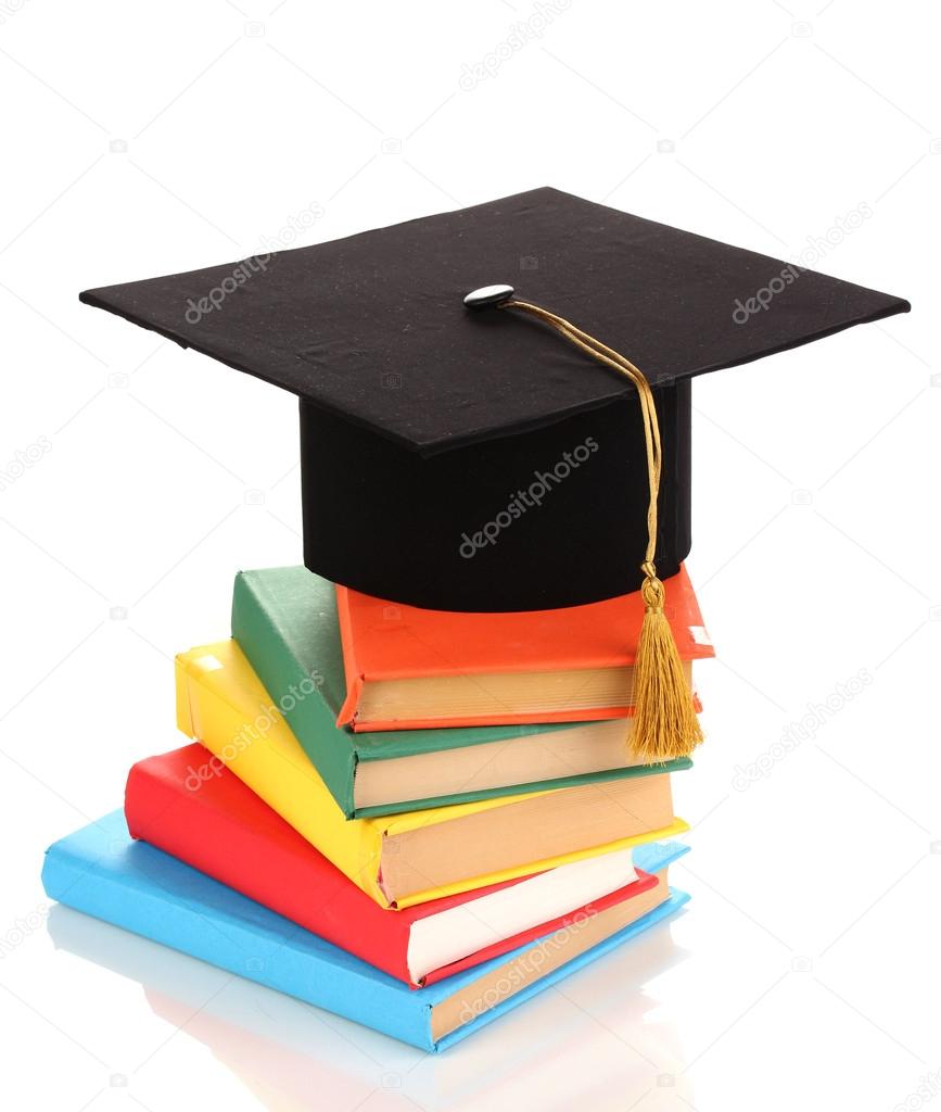 Grad hat with books isolated on white