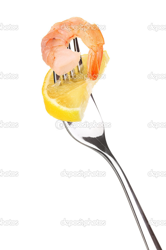 Shrimp on a fork isolated on white
