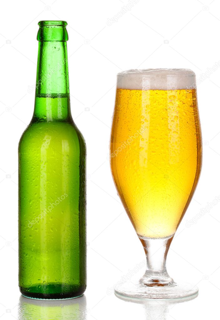 Bottle and glass of beer isolated on white