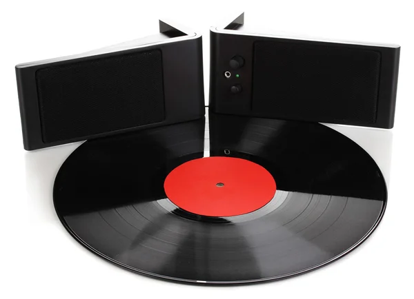 黒のビニール レコードと白で隔離されるスピーカー — ストック写真