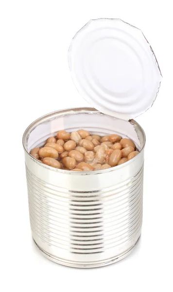 Open tin can of beans isolated on white — Stock Photo, Image