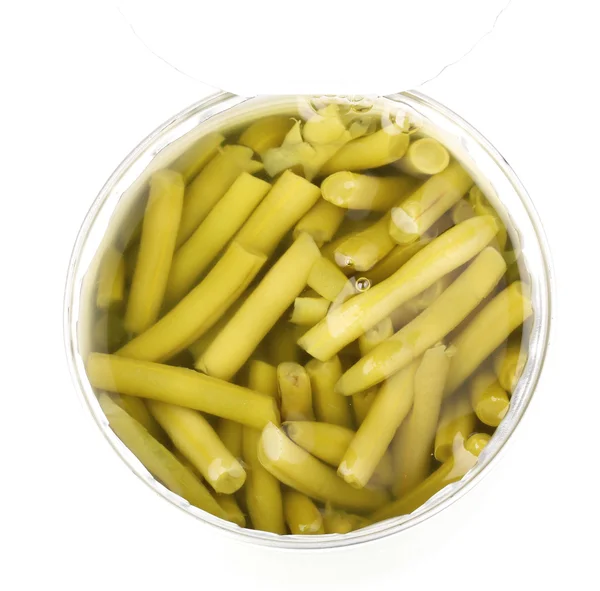 Open tin can of french bean isolated on white — Stock Photo, Image