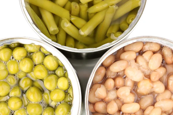 Open tin cans of french bean, beans and peas isolated on white — Stock Photo, Image