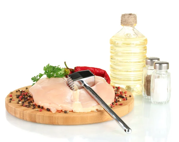 Composition of raw meat, vegetables and spices isolated on white — Stock Photo, Image