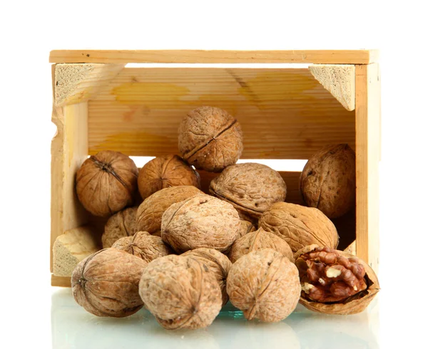 Walnuts in woooden crate, isolated on white — Stock Photo, Image