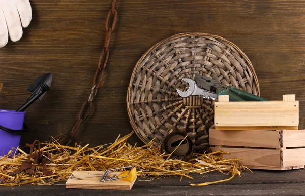 Ratonera con un trozo de queso en un granero sobre fondo de madera —  Fotos de Stock
