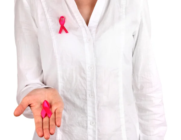 Woman with pink ribbon in hands isolated on white — Stock Photo, Image