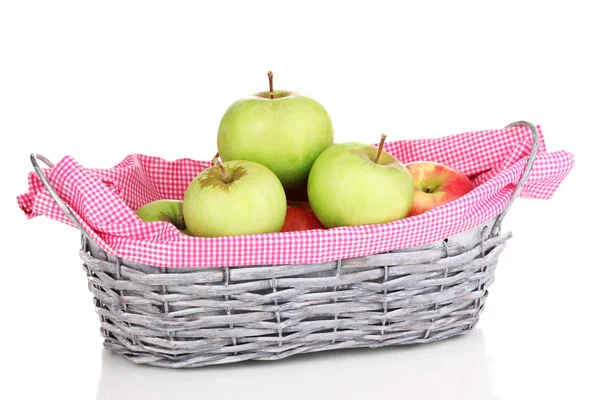 Ripe apples in basket isolated on white — Stock Photo, Image