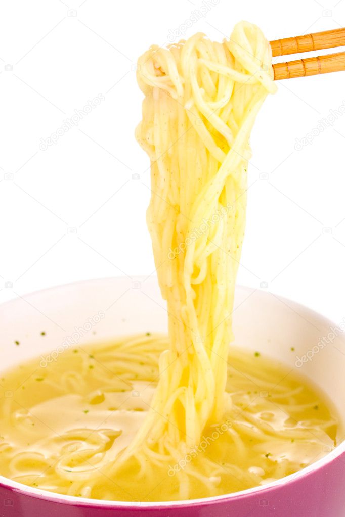 Chopsticks holding asian noodles isolated on white — Stock Photo