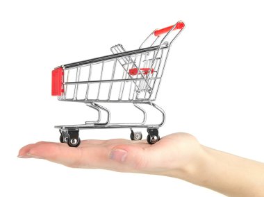 beyaz izole kadın elindeki boş alışveriş arabası