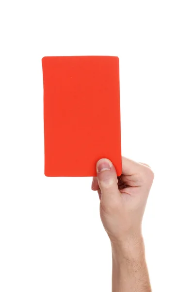 Mão segurando cartão vermelho isolado no branco — Fotografia de Stock