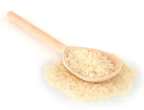 在白色背景上隔离的木制勺子中的米饭 — 图库照片