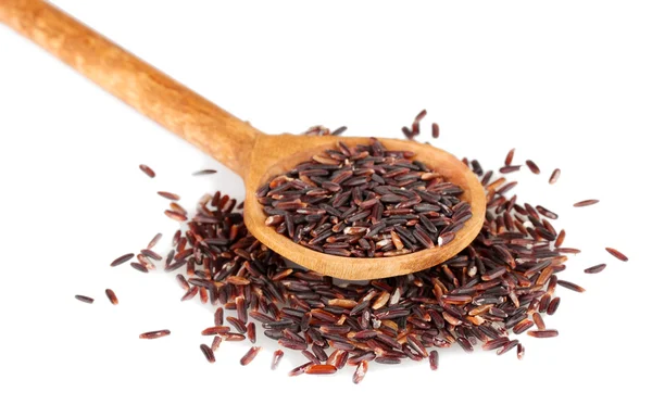 Black rice in wooden spoon isolated on white background — Stock Photo, Image