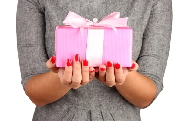 Woman holds box with gift on white background close-up — ストック写真