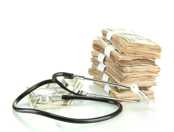 Healthcare cost concept: stethoscope and dollars isolated on white — Stock Photo, Image