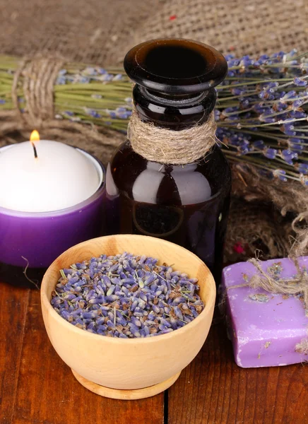 Lavender flowers and jar — Stock Photo, Image