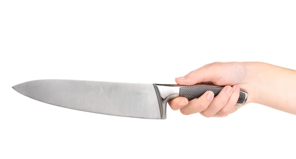 Insan eli ile üzerine beyaz izole mutfak bıçağı — Stok fotoğraf