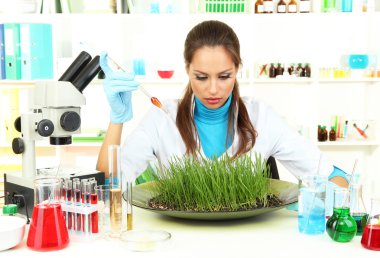 Genç kadın bilim laboratuvar bitkilerde ile deneyler yapıyor