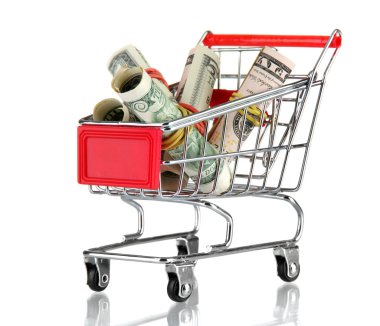 carro con dólares, aislado en blanco