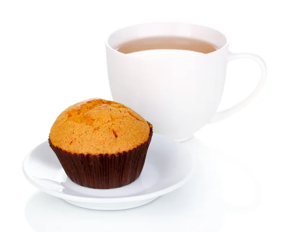 Fresh muffin with tea isolated on white — Stock Photo, Image