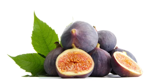 Ripe sweet figs with leaves isolated on white — Stock Photo, Image