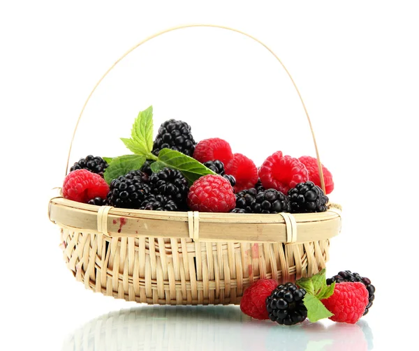 Beautiful berries with leaves in basket isolated on white — Stock Photo, Image