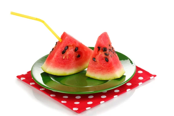 Süße Wassermelonenscheiben auf grünem Teller isoliert auf weißem — Stockfoto