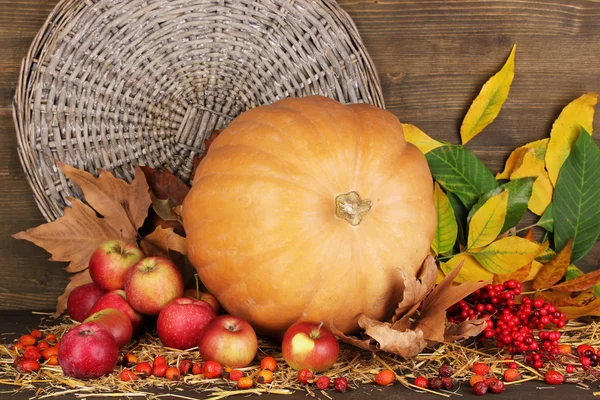 Excellente nature morte d'automne avec citrouille sur paille sur fond en bois — Photo