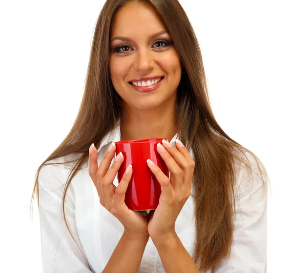 Hermosa mujer joven con taza de té, aislado en blanco —  Fotos de Stock