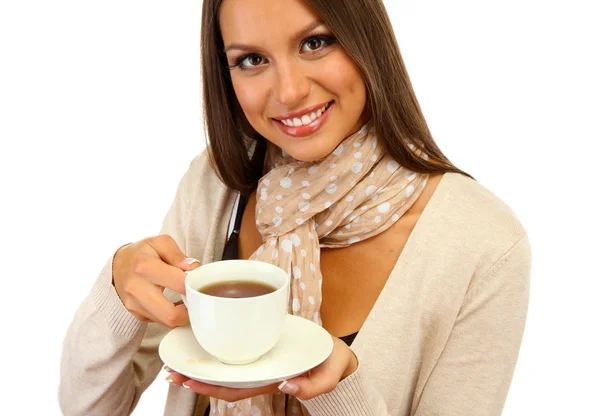 Hermosa joven con taza de café, aislado en blanco — Foto de Stock