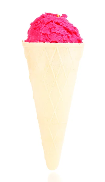 Scoop of the strawberry ice cream in the waffle cone isolated on white — Stock Photo, Image