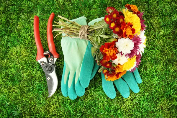 Secateurs with flowers on green grass background — Stock Photo, Image