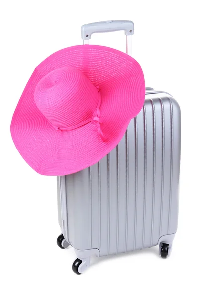 Silver suitcase with woman's hat isolated on white — Stock Photo, Image