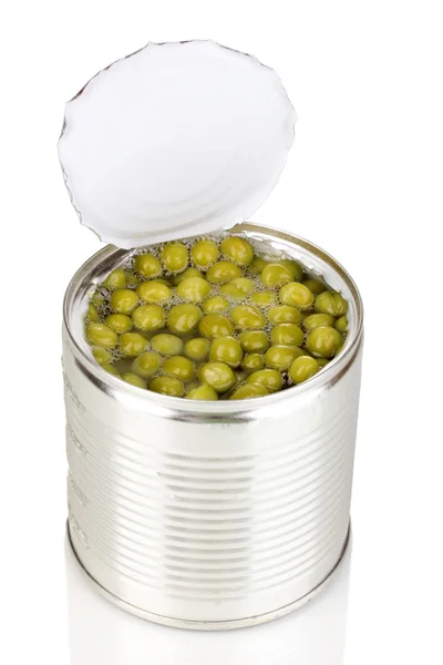 Open tin can of peas isolated on white Royalty Free Stock Photos