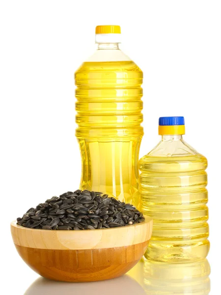 Sunflower oil with sunflower seeds isolated on white background — Stock Photo, Image