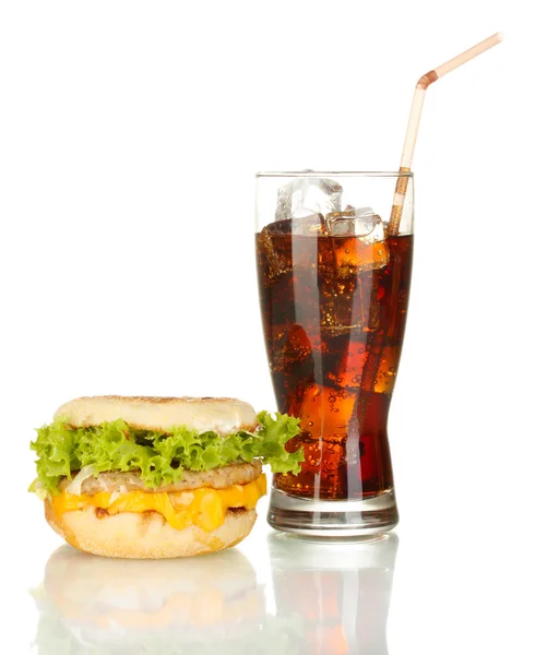 Tasty sandwich and glass with cola, isolated on white — Stock Photo, Image