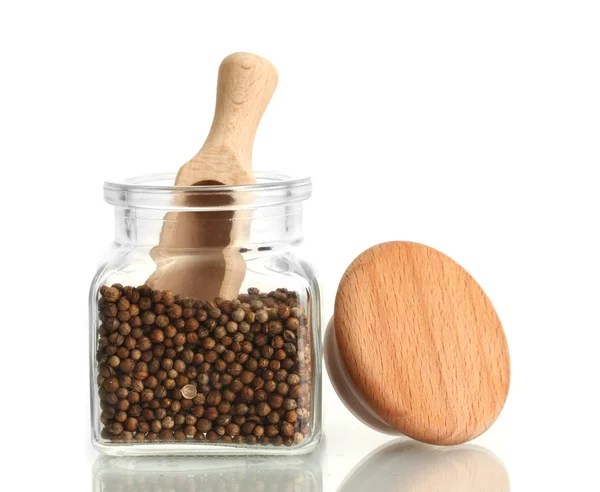 Jar of coriander seeds isolated on white — Stock Photo, Image