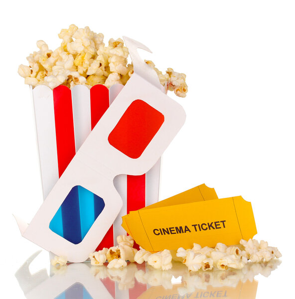 popcorn with glasses and tickets isolated on white