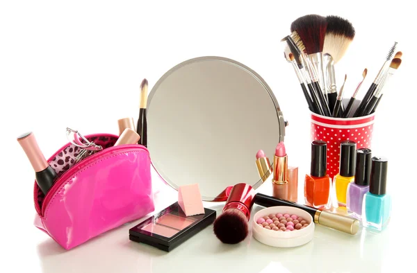 Cosmetics near mirror isolated on white — Stock Photo, Image