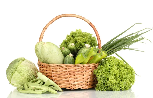 Fresh green vegetables in basket isolated on white — Stock Photo, Image