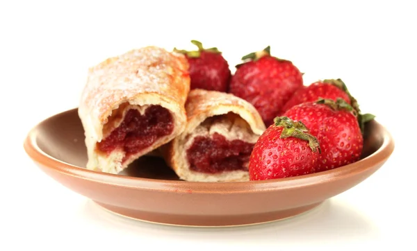 Fresh bagels with strawberry isolated on white — Stock Photo, Image