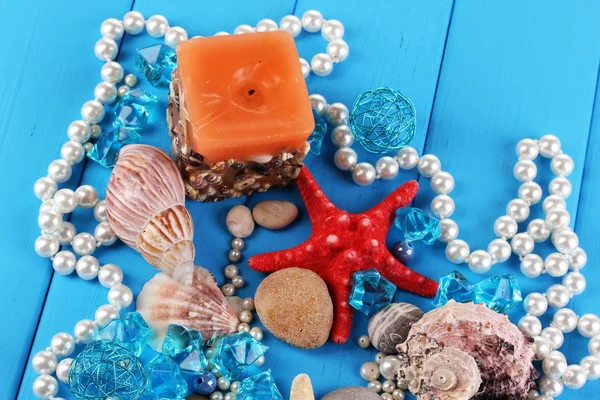 Decor of seashells close-up on blue wooden table — Stock Photo, Image