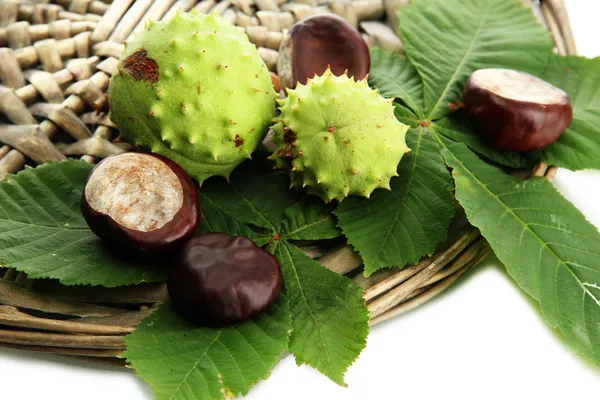 Chestnuts with leaves on wicker background — Stock Photo, Image