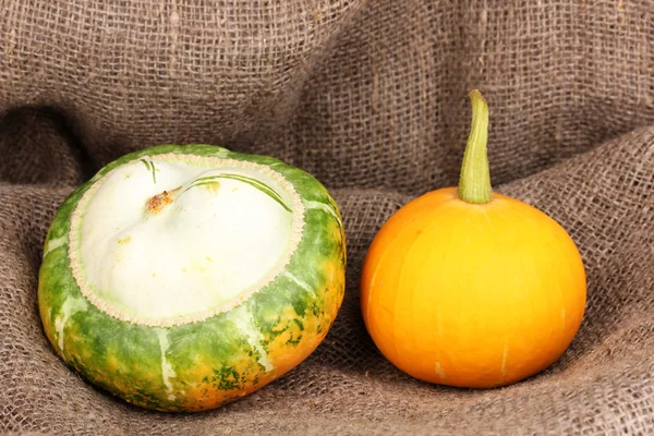 Two pumpkins on sackcloth close-up — Stock Photo, Image