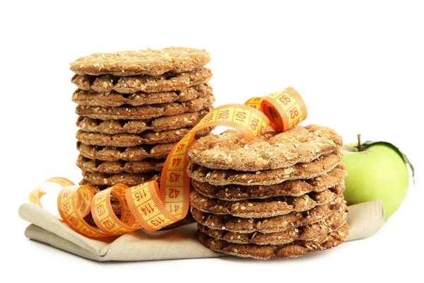 Lezzetli crispbread, elma ve üzerinde beyaz izole ölçüm bandı — Stok fotoğraf