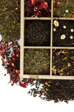 beyaz izole ahşap kutu, Kuru çay çeşitleri