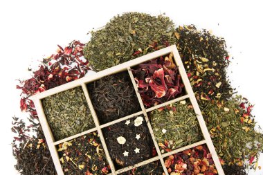 beyaz izole ahşap kutu, Kuru çay çeşitleri