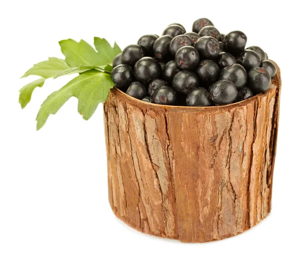 Chokeberry met groene bladeren in houten kom geïsoleerd op wit — Stockfoto